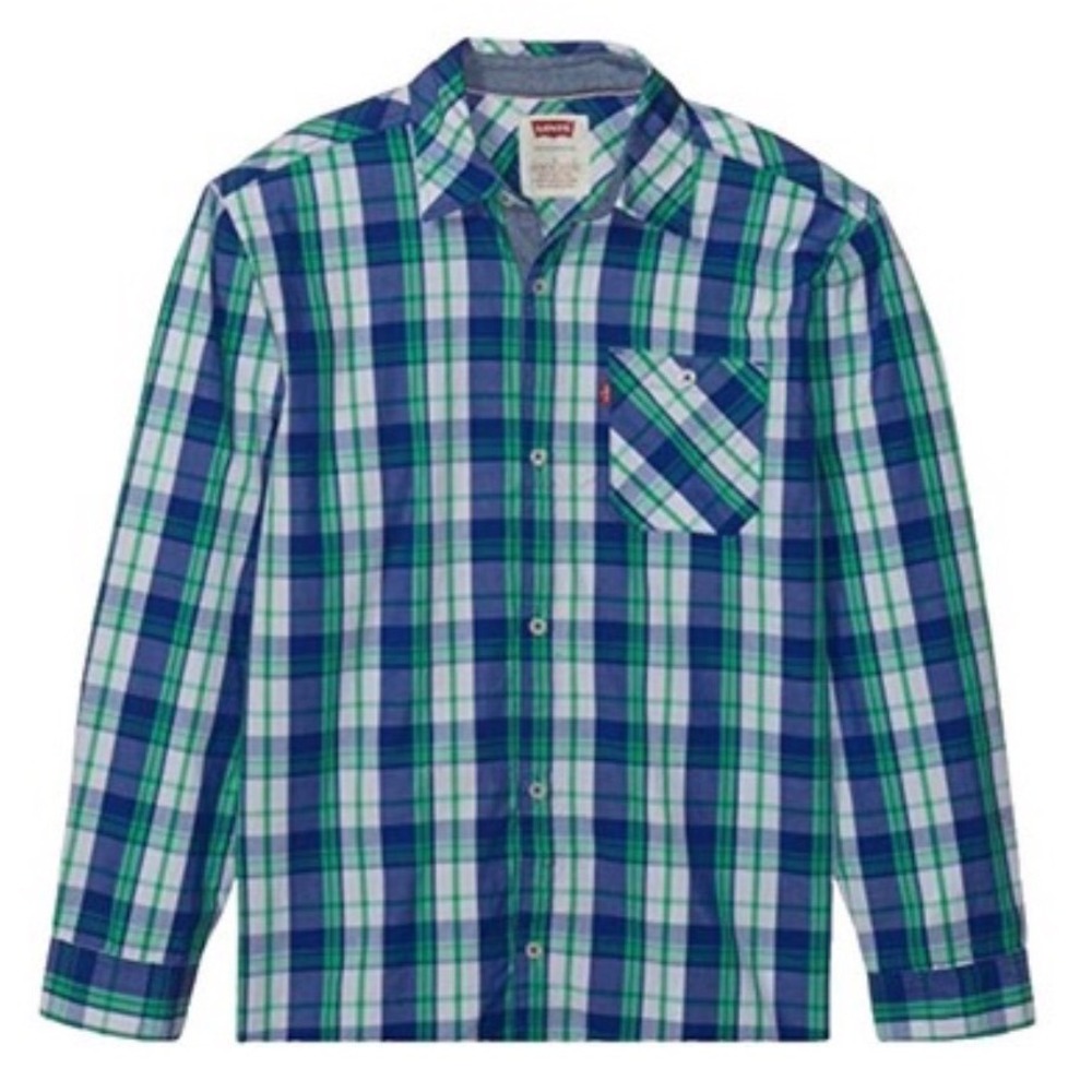 Levis Boys Plaid Button Down Shirt Blue Green Long Sleeve Sz L 12-13 Yrs Cowboy